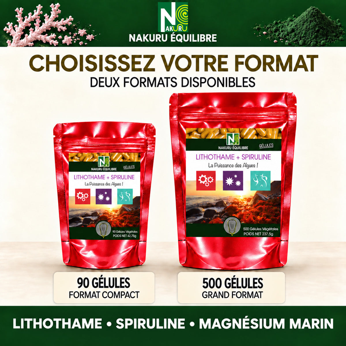 NAKURU Lithothame + Spiruline — 500 gélules — Comparatif formats