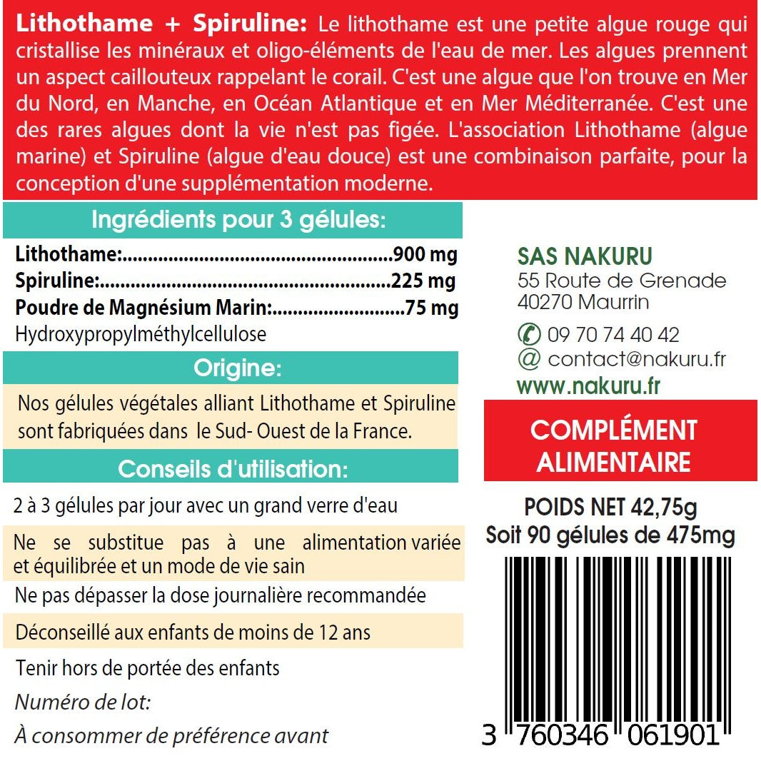 NAKURU Lithothame + Spiruline — 90 gélules — Étiquette dos