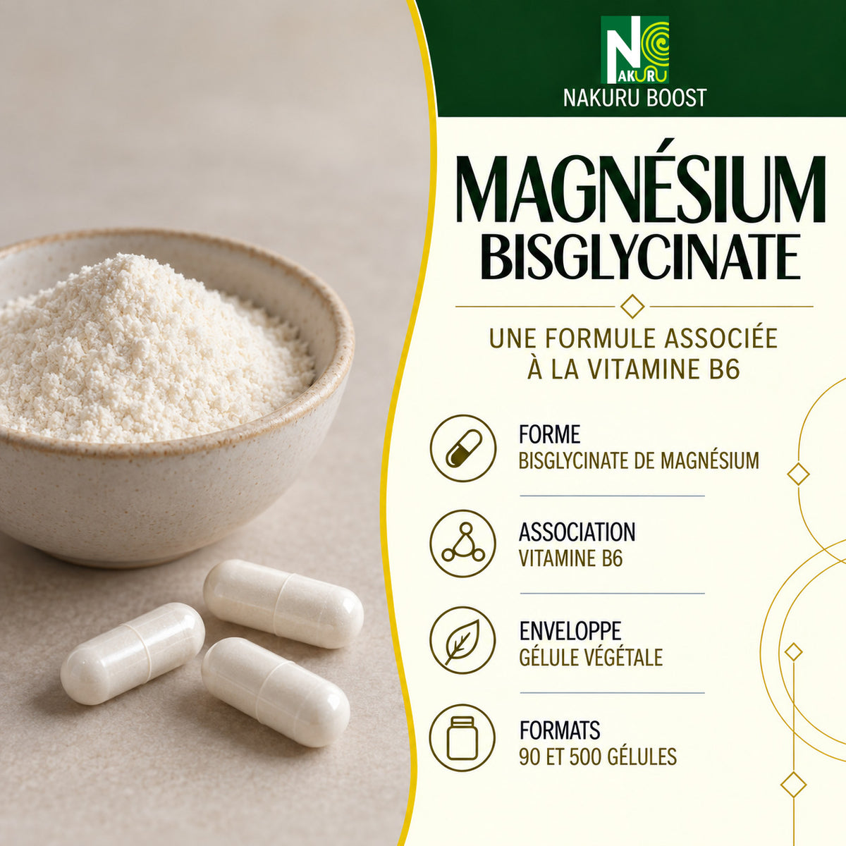 NAKURU Magnésium Bisglycinate — 500 gélules — Présentation