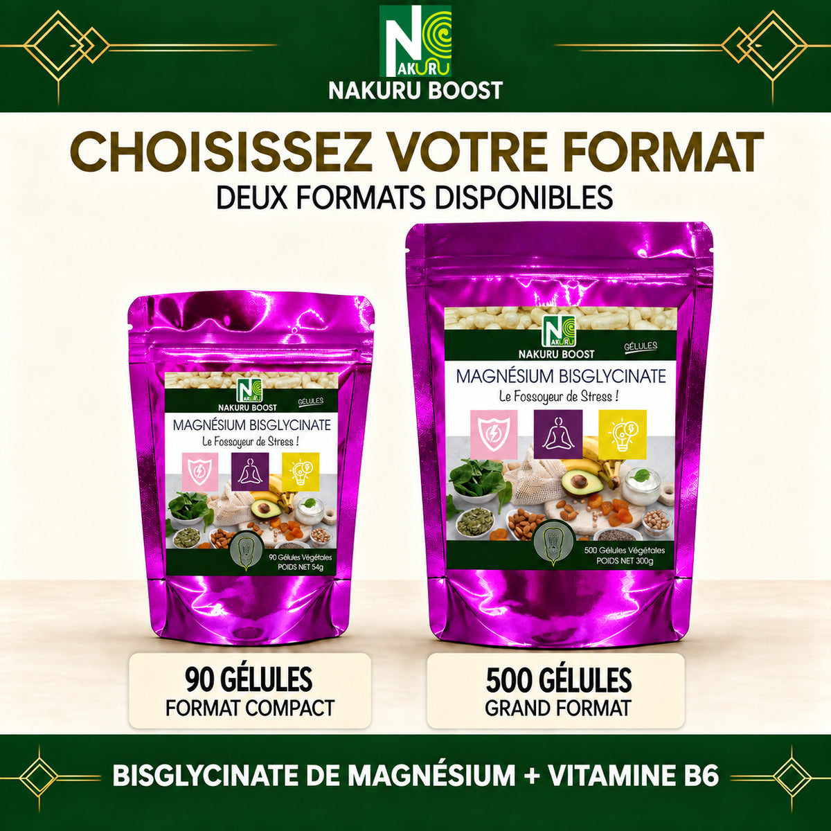 NAKURU Magnésium Bisglycinate — 500 gélules — Comparatif formats