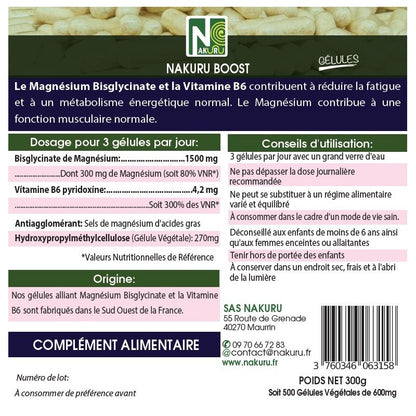 NAKURU Magnésium Bisglycinate — 500 gélules — Étiquette dos