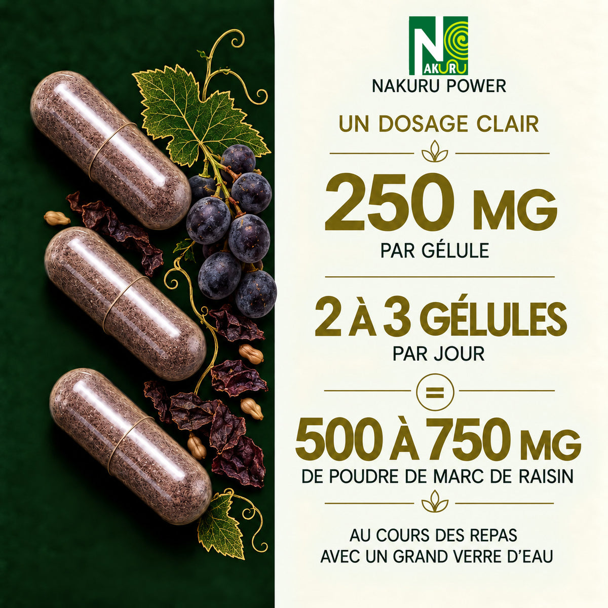 NAKURU Marc de Raisin — 500 gélules — Dosage