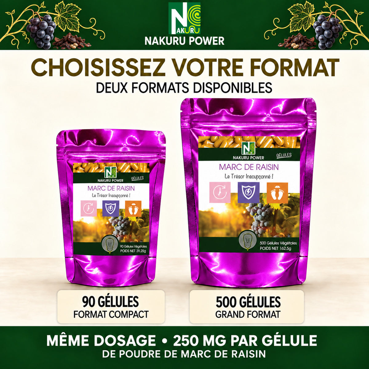 NAKURU Marc de Raisin — 500 gélules — Comparatif formats