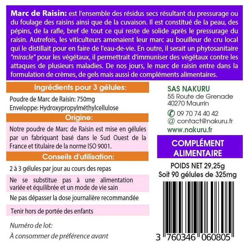 NAKURU Marc de Raisin — 90 gélules — Étiquette dos