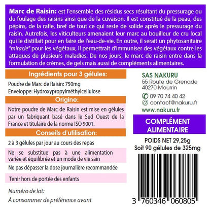 NAKURU Marc de Raisin — 90 gélules — Étiquette dos