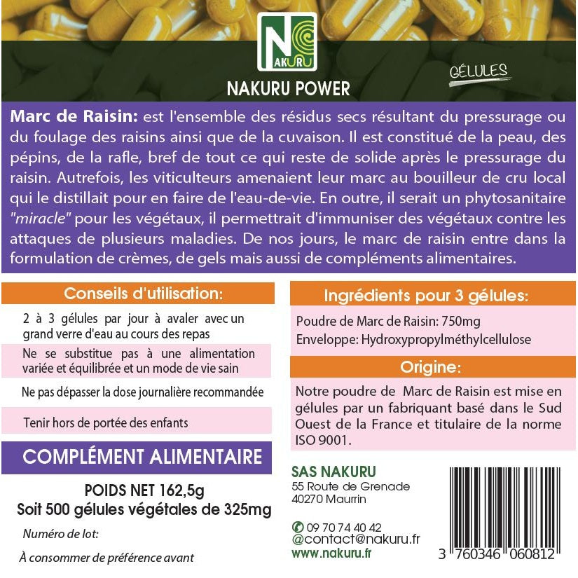 NAKURU Marc de Raisin — 500 gélules — Étiquette dos