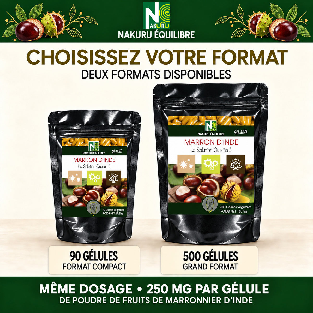 NAKURU Marron d'Inde — 500 gélules — Comparatif formats