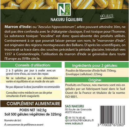 NAKURU Marron d'Inde — 500 gélules — Étiquette dos