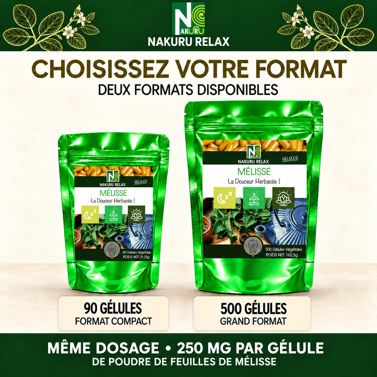 NAKURU Mélisse — 500 gélules — Comparatif formats