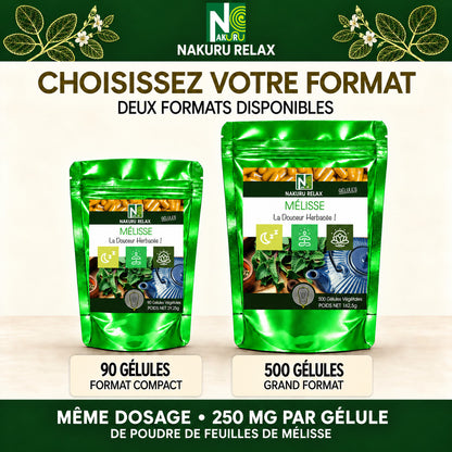 NAKURU Mélisse — 500 gélules — Comparatif formats