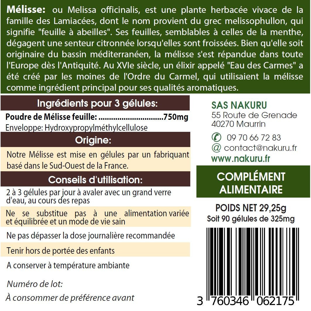 NAKURU Mélisse — 90 gélules — Étiquette dos