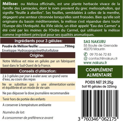 NAKURU Mélisse — 90 gélules — Étiquette dos