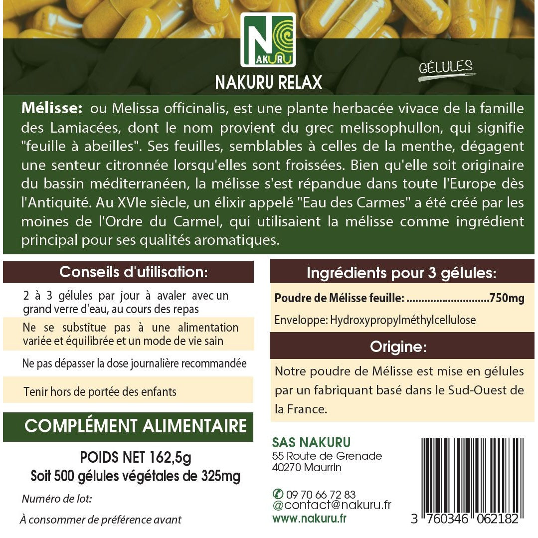 NAKURU Mélisse — 500 gélules — Étiquette dos