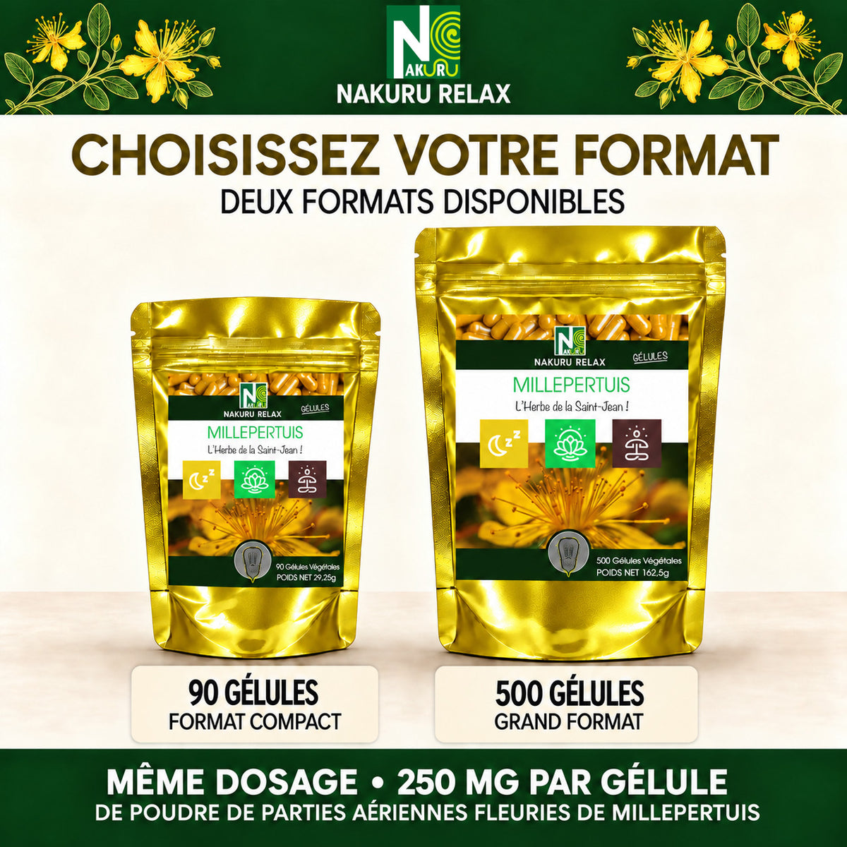 NAKURU Millepertuis — 500 gélules — Comparatif formats