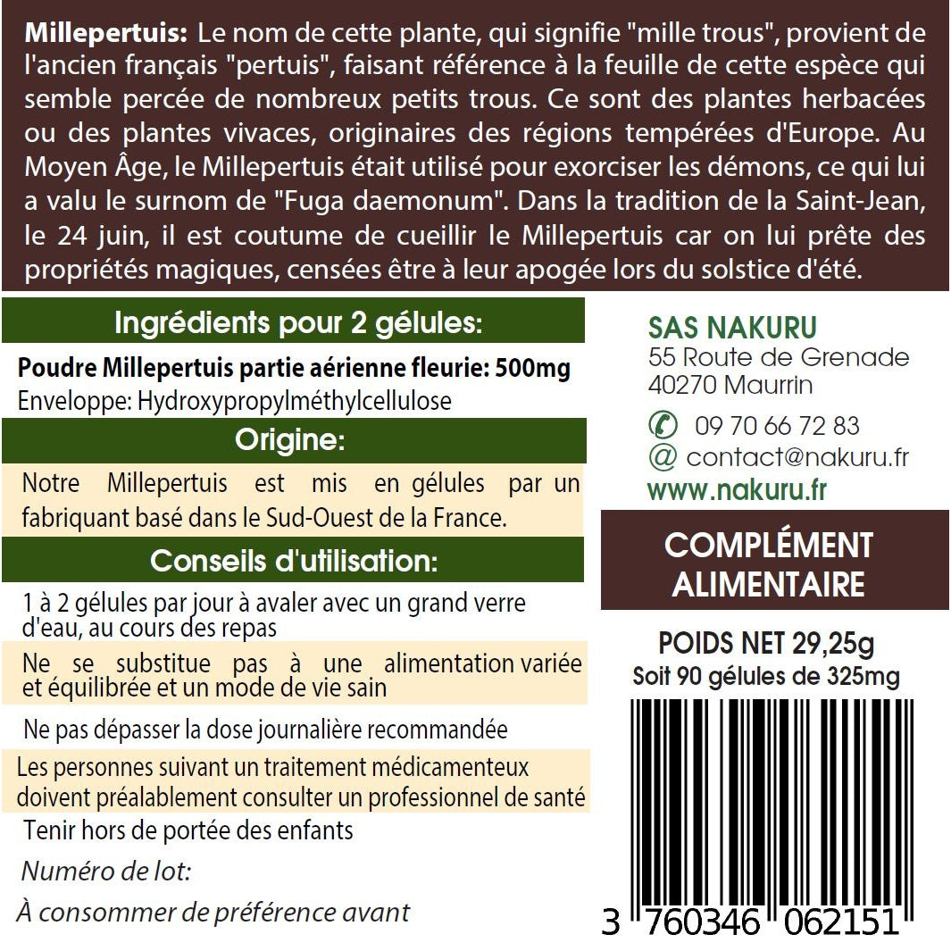 NAKURU Millepertuis — 90 gélules — Étiquette dos