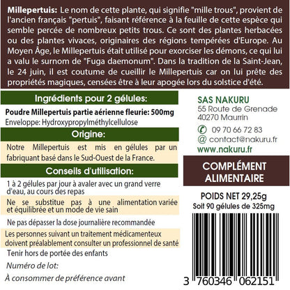 NAKURU Millepertuis — 90 gélules — Étiquette dos