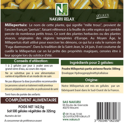 NAKURU Millepertuis — 500 gélules — Étiquette dos