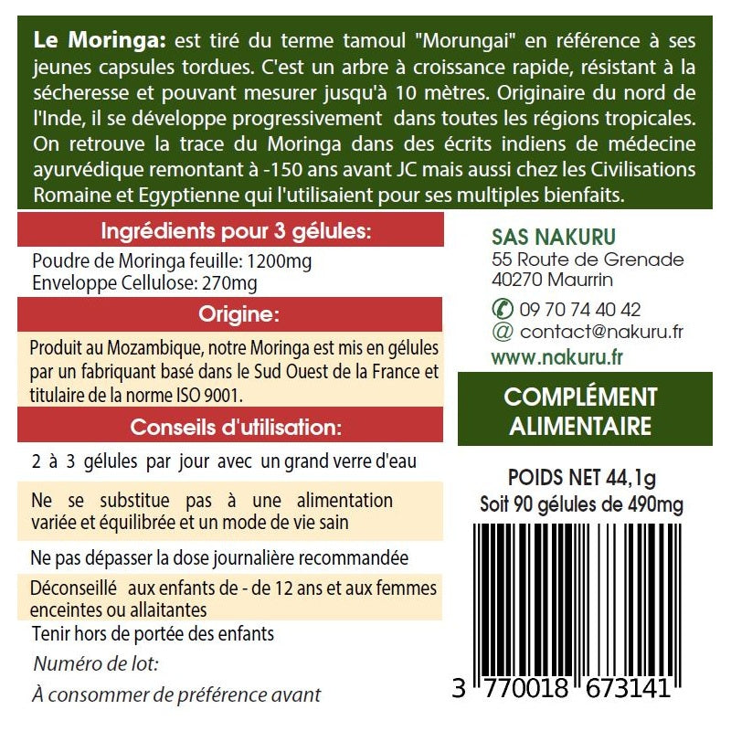 NAKURU Moringa — 90 gélules — Étiquette dos