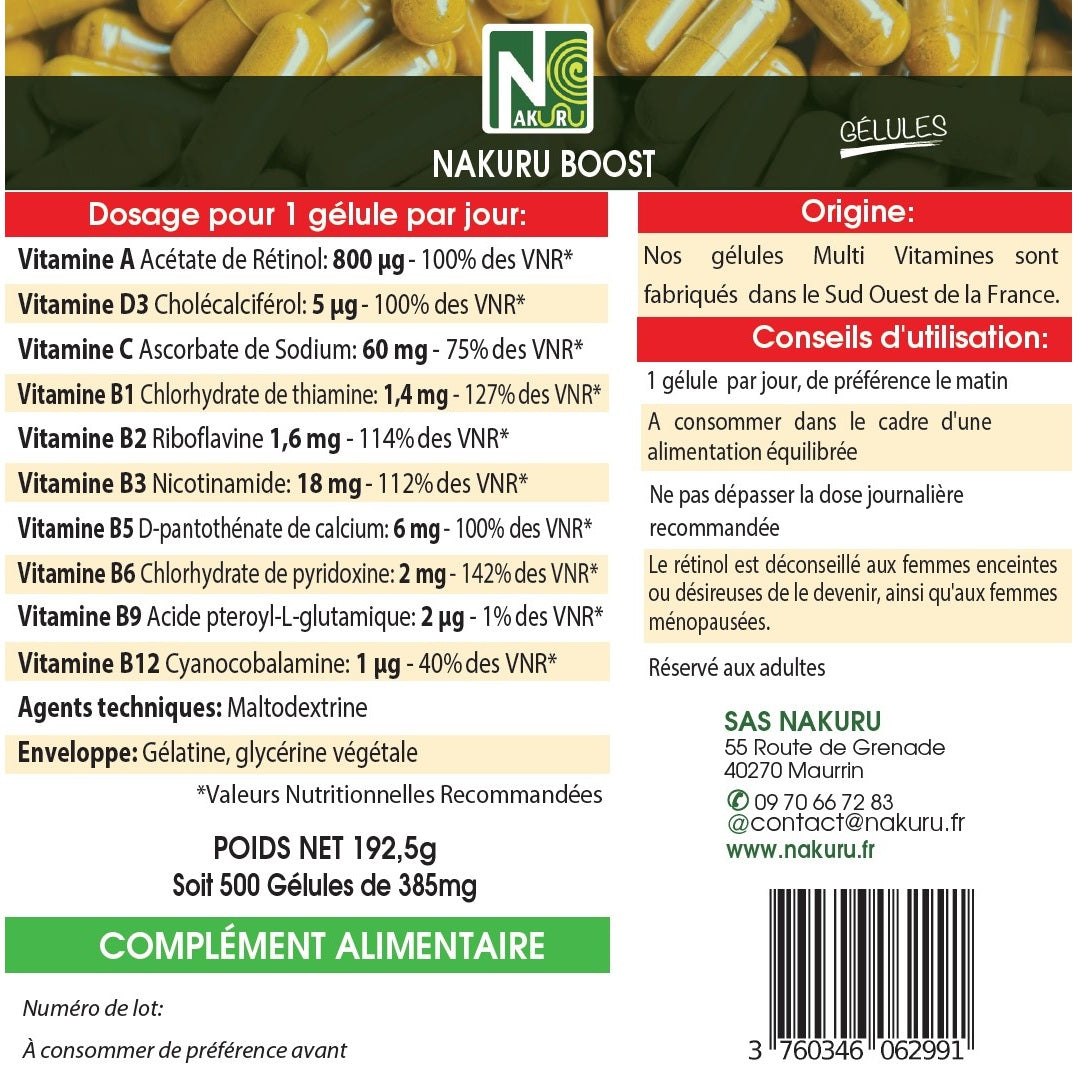 NAKURU Multi-Vitamines — 500 gélules — Étiquette dos