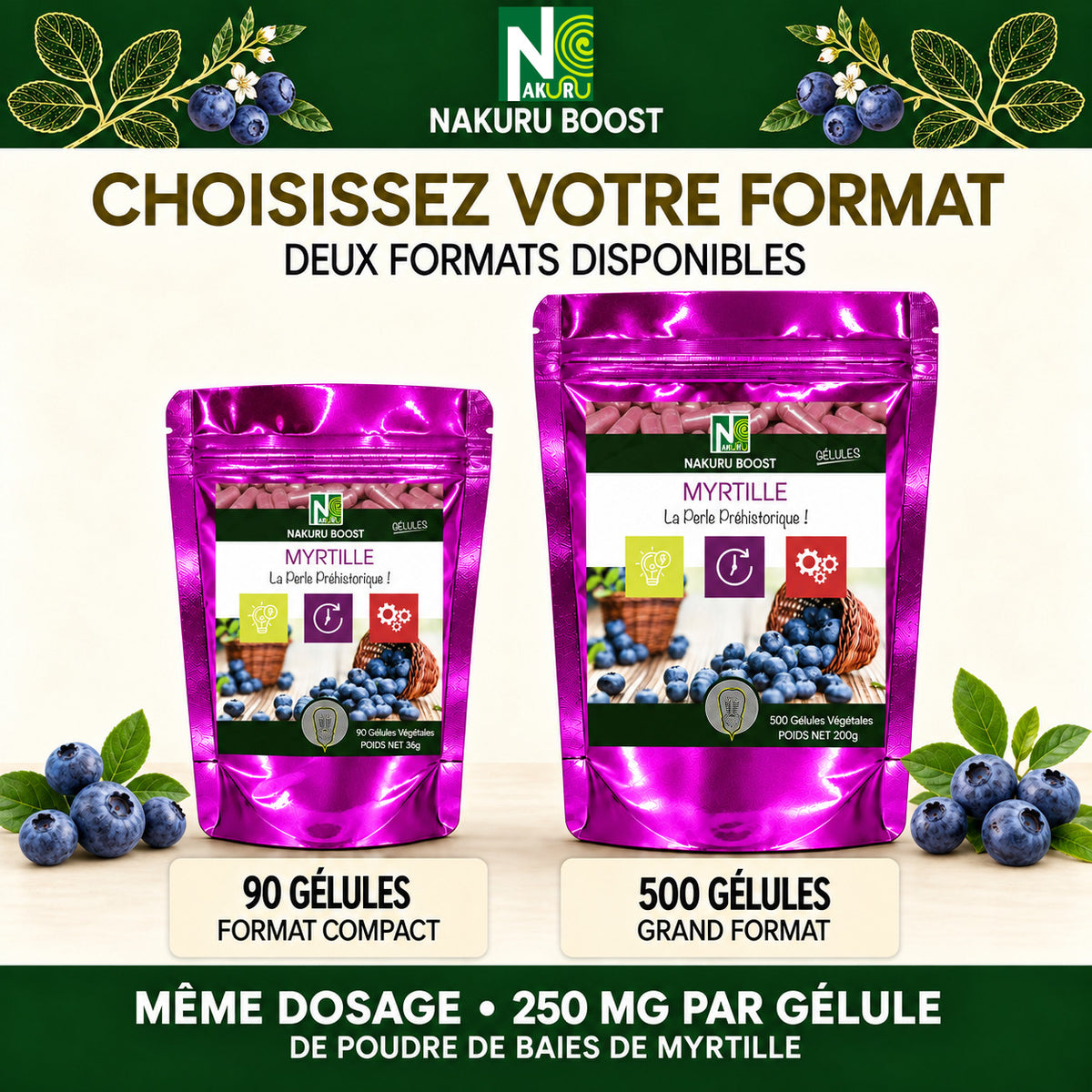 NAKURU Myrtille — 500 gélules — Comparatif formats