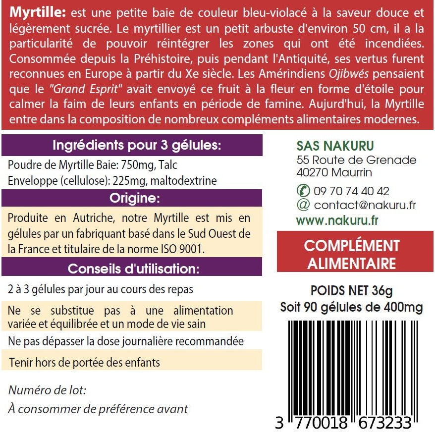 NAKURU Myrtille — 90 gélules — Étiquette dos