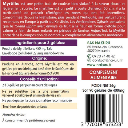 NAKURU Myrtille — 90 gélules — Étiquette dos