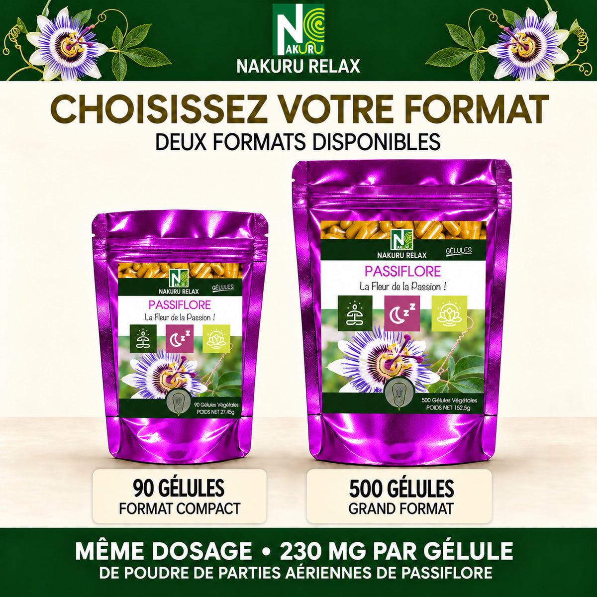 NAKURU Passiflore — 500 gélules — Comparatif formats