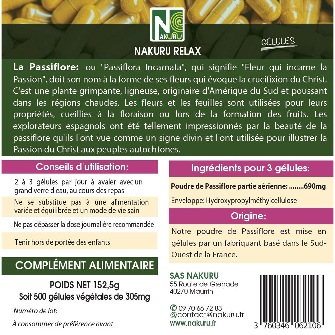 NAKURU Passiflore — 500 gélules — Étiquette dos
