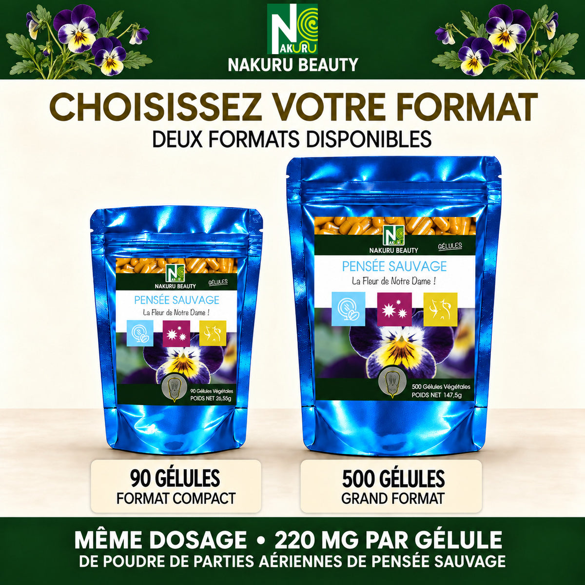 NAKURU Pensée Sauvage — 500 gélules — Comparatif formats