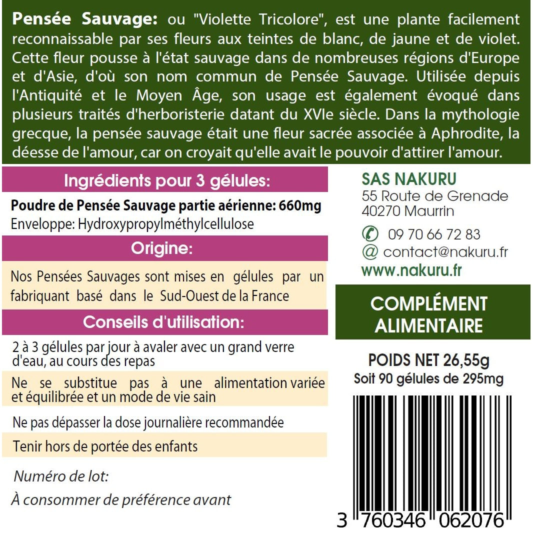 NAKURU Pensée Sauvage — 90 gélules — Étiquette dos