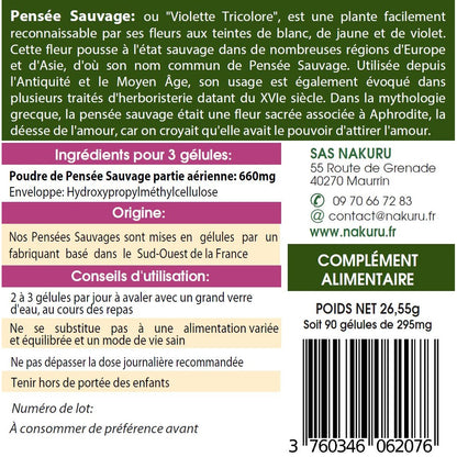 NAKURU Pensée Sauvage — 90 gélules — Étiquette dos
