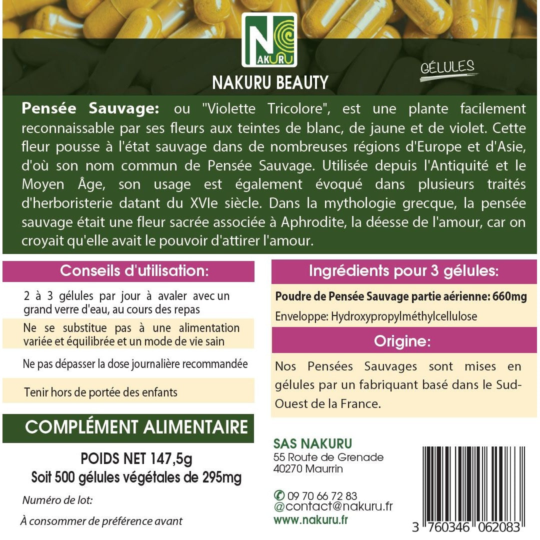 NAKURU Pensée Sauvage — 500 gélules — Étiquette dos