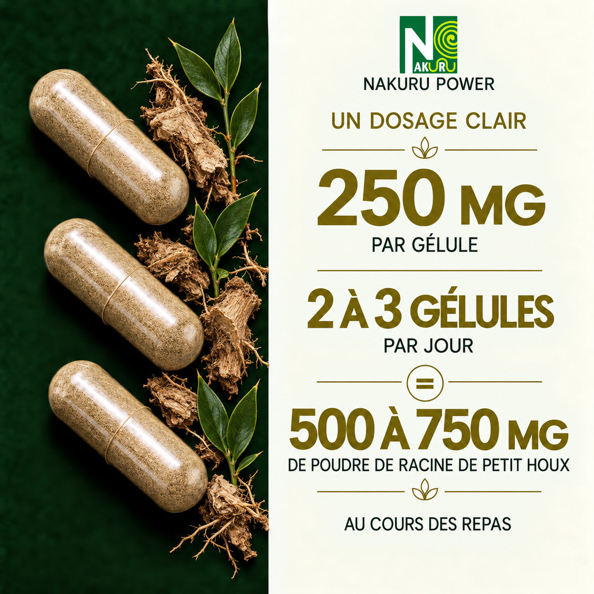 NAKURU Petit Houx — 500 gélules — Dosage