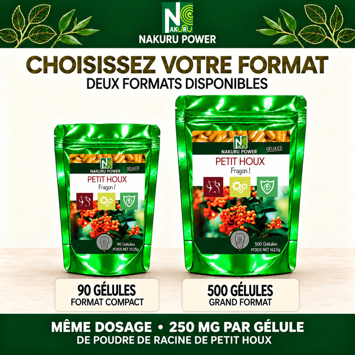 NAKURU Petit Houx — 500 gélules — Comparatif formats