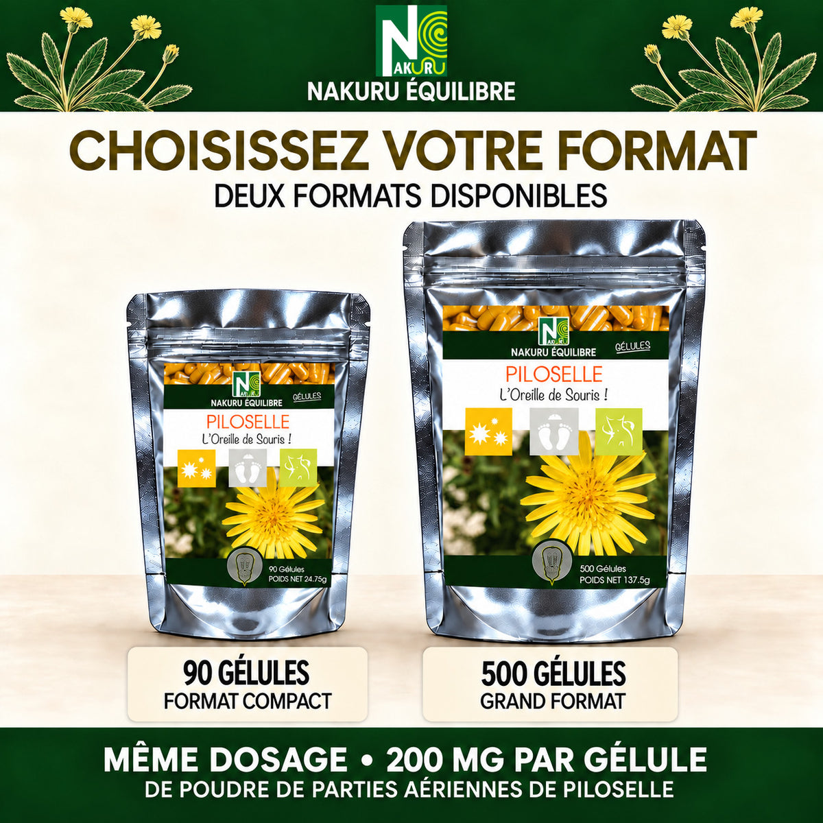 NAKURU Piloselle — 500 gélules — Comparatif formats