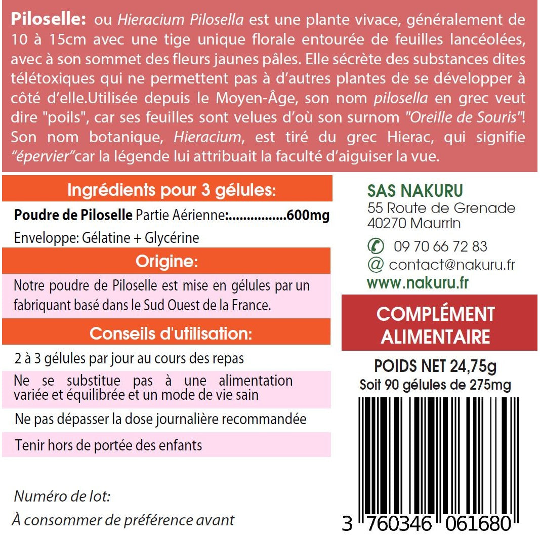 NAKURU Piloselle — 90 gélules — Étiquette dos