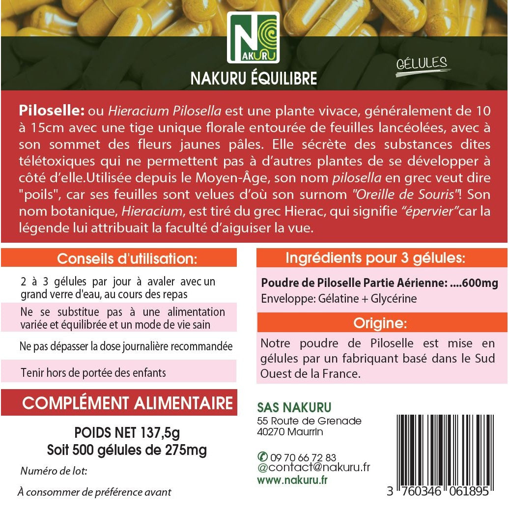 NAKURU Piloselle — 500 gélules — Étiquette dos
