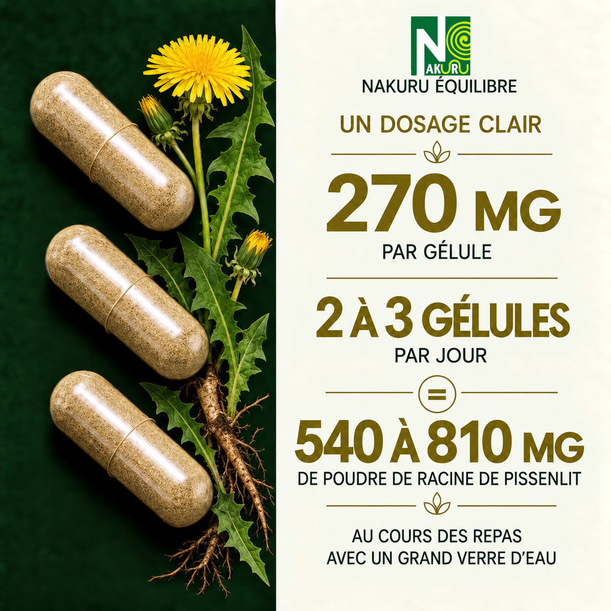 NAKURU Pissenlit — 500 gélules — Dosage