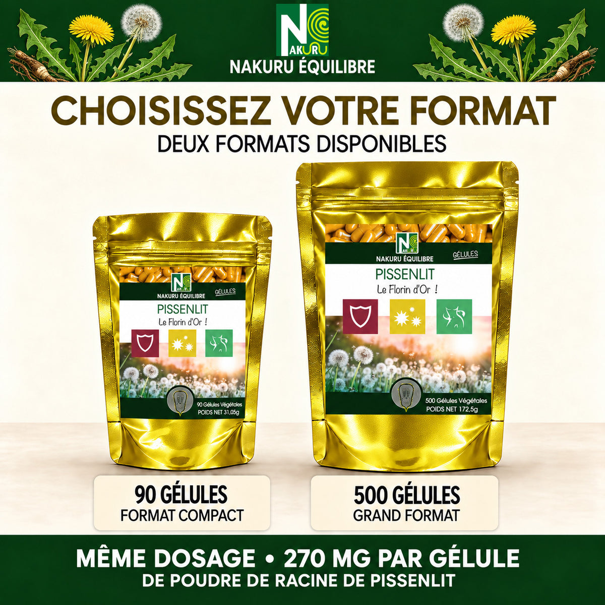 NAKURU Pissenlit — 500 gélules — Comparatif formats