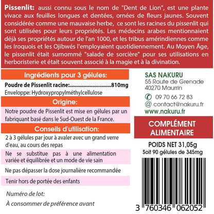 NAKURU Pissenlit — 90 gélules — Étiquette dos