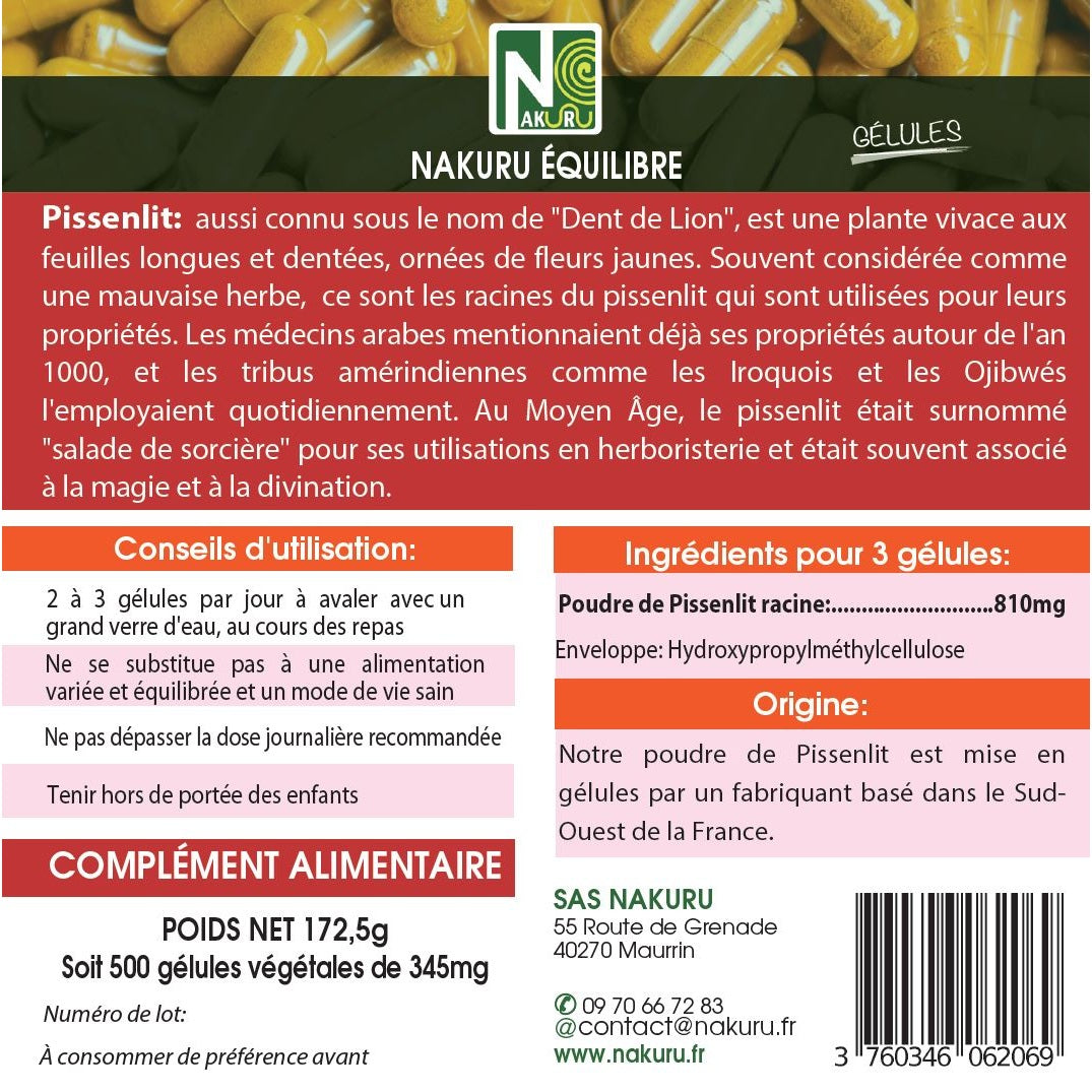 NAKURU Pissenlit — 500 gélules — Étiquette dos
