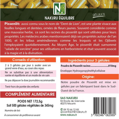NAKURU Pissenlit — 500 gélules — Étiquette dos