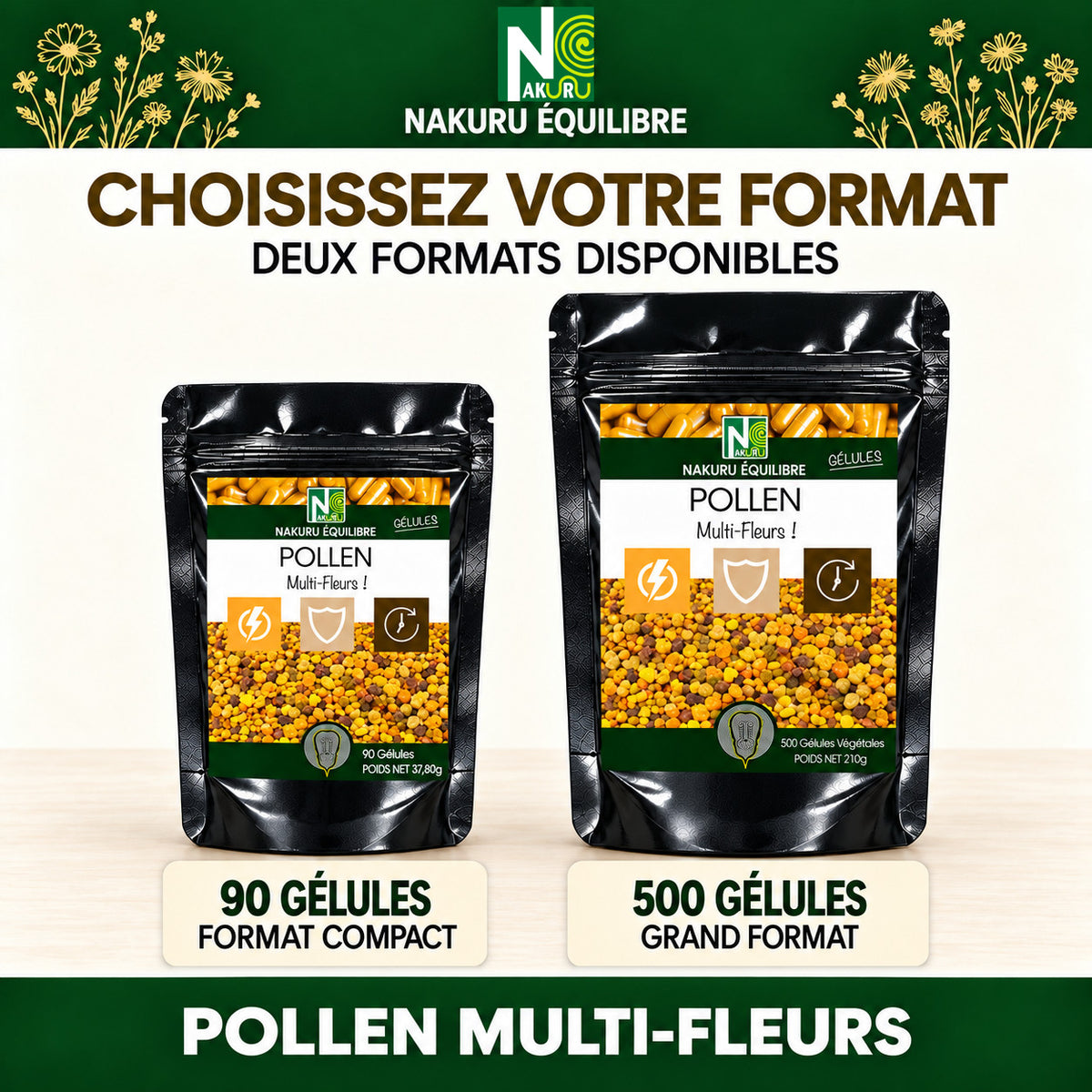 NAKURU Pollen — 500 gélules — Comparatif formats