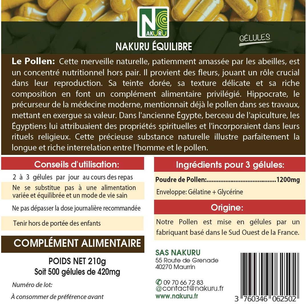NAKURU Pollen — 500 gélules — Étiquette dos
