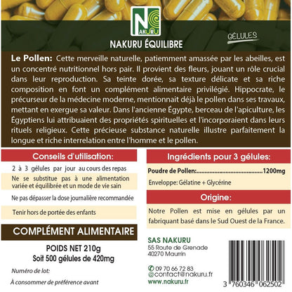 NAKURU Pollen — 500 gélules — Étiquette dos