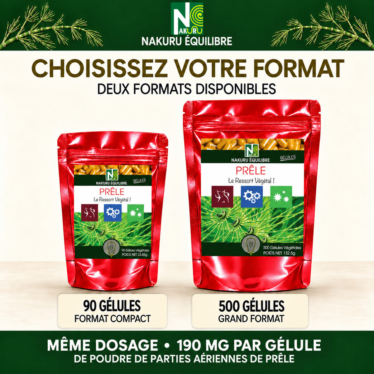 NAKURU Prêle — 500 gélules — Comparatif formats