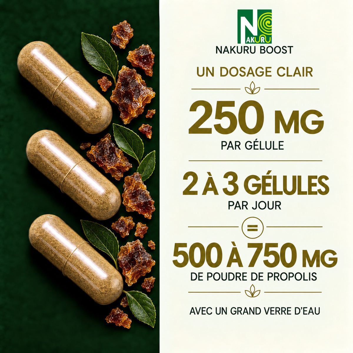NAKURU Propolis — 500 gélules — Dosage