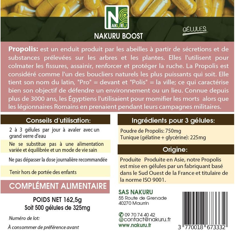 NAKURU Propolis — 500 gélules — Étiquette dos