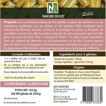 NAKURU Propolis — 500 gélules — Étiquette dos