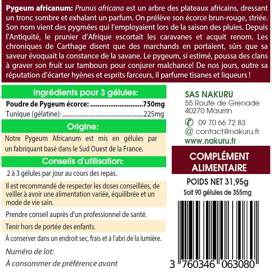 NAKURU Pygeum Africanum — 90 gélules — Étiquette dos